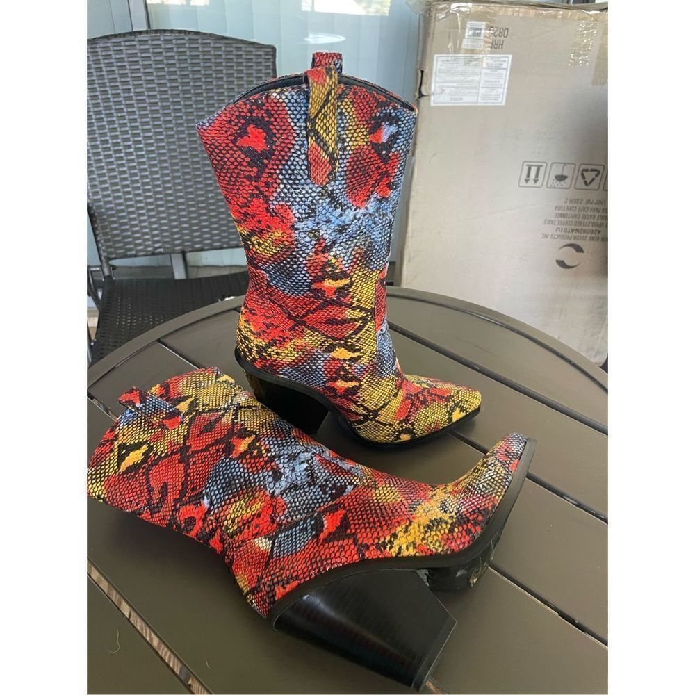 Azalea Wang Midcalf Multicolor Snakeskin Print Western Boots Red/Yellow Size 6 - Picture 3 of 14